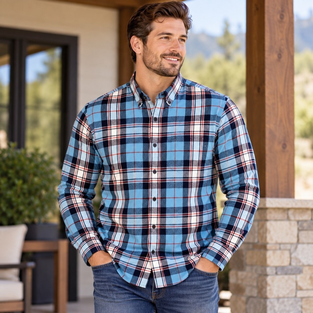 Lands' End Blue Plaid Flannel Shirt Men's Large Gorpcore Lake Life Cabin Rugged